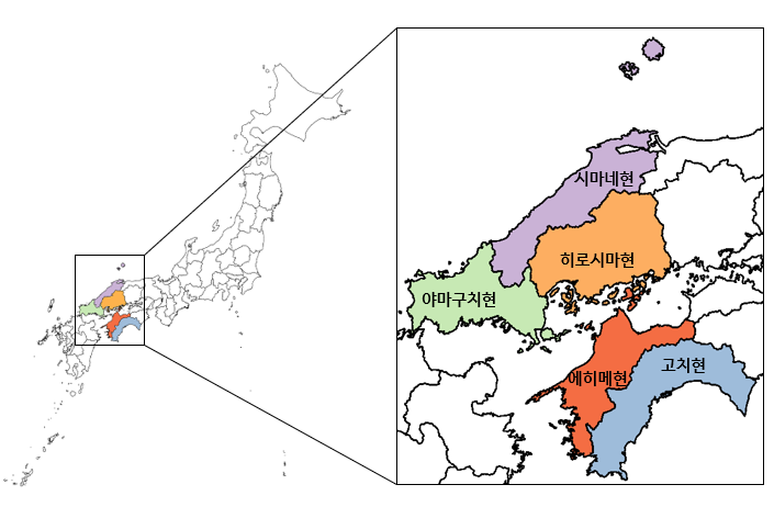 map | 시마네현, 히로시마현, 야마구치현, 에히메현, 고치현